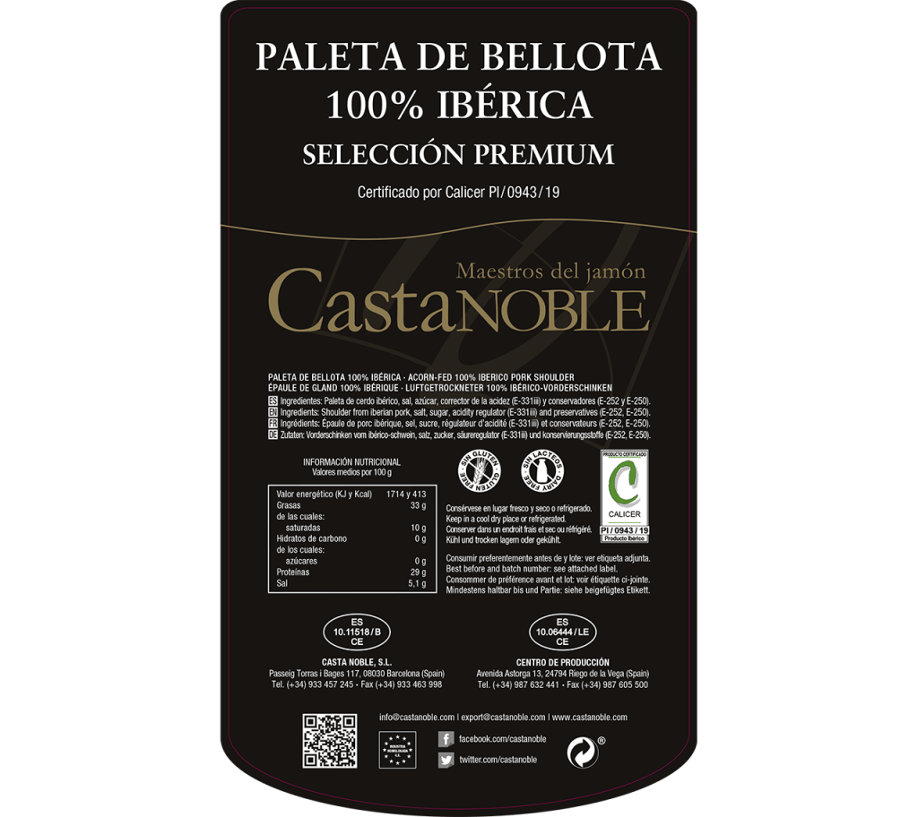 Etiqueta Paleta de bellota 100% iberica Castanoble RAZA IBÉRICA SELECCIONADA