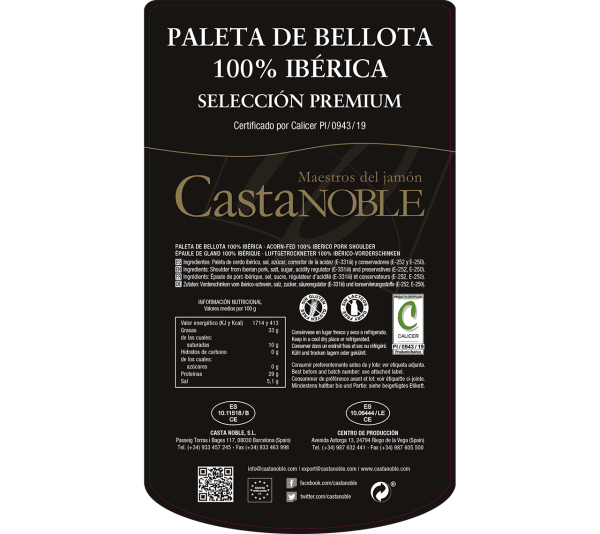 Etiqueta Paleta de bellota 100% iberica Castanoble RAZA IBÉRICA SELECCIONADA